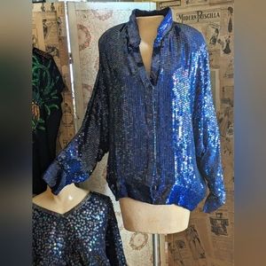 80s Deep Blue SILK Bomber Jacket COMPLETELY covered in Sparkling Sequins